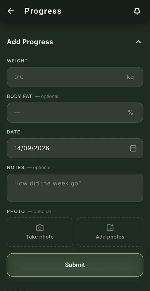 The Add Progress form: a weight field in kg, optional body fat, the date, a notes box and two buttons for attaching a photo.