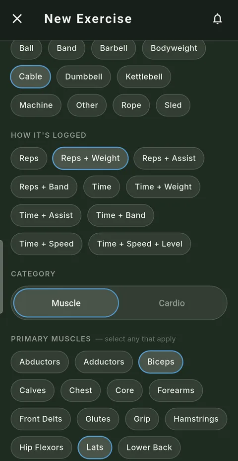 The new exercise form: equipment chips, how the exercise is logged, and the muscles it works.
