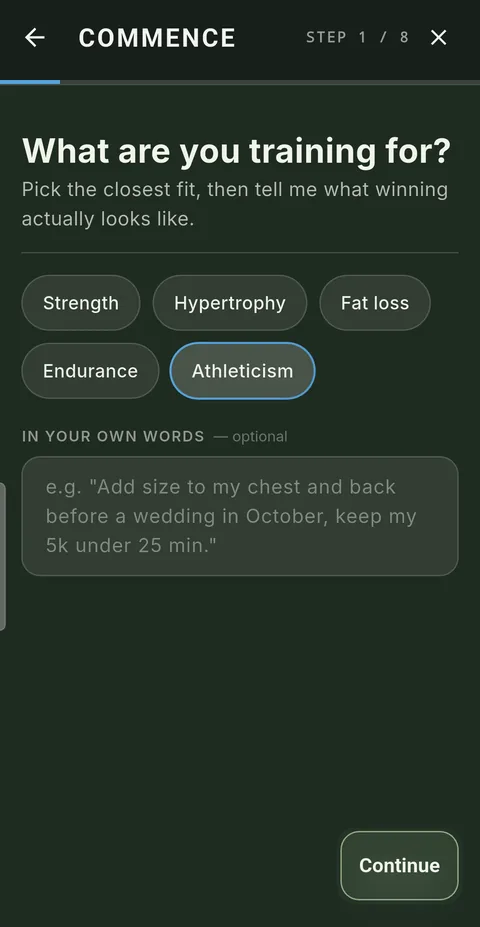 Step 1 of the Smart Coach wizard, asking what you are training for, with Athleticism picked and a box for saying it in your own words.
